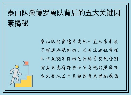 泰山队桑德罗离队背后的五大关键因素揭秘
