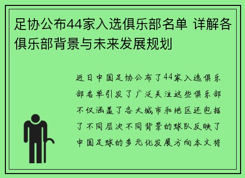 足协公布44家入选俱乐部名单 详解各俱乐部背景与未来发展规划