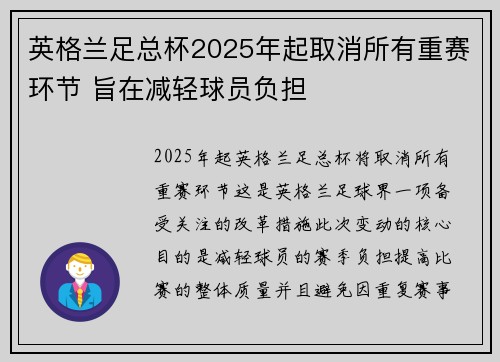 英格兰足总杯2025年起取消所有重赛环节 旨在减轻球员负担